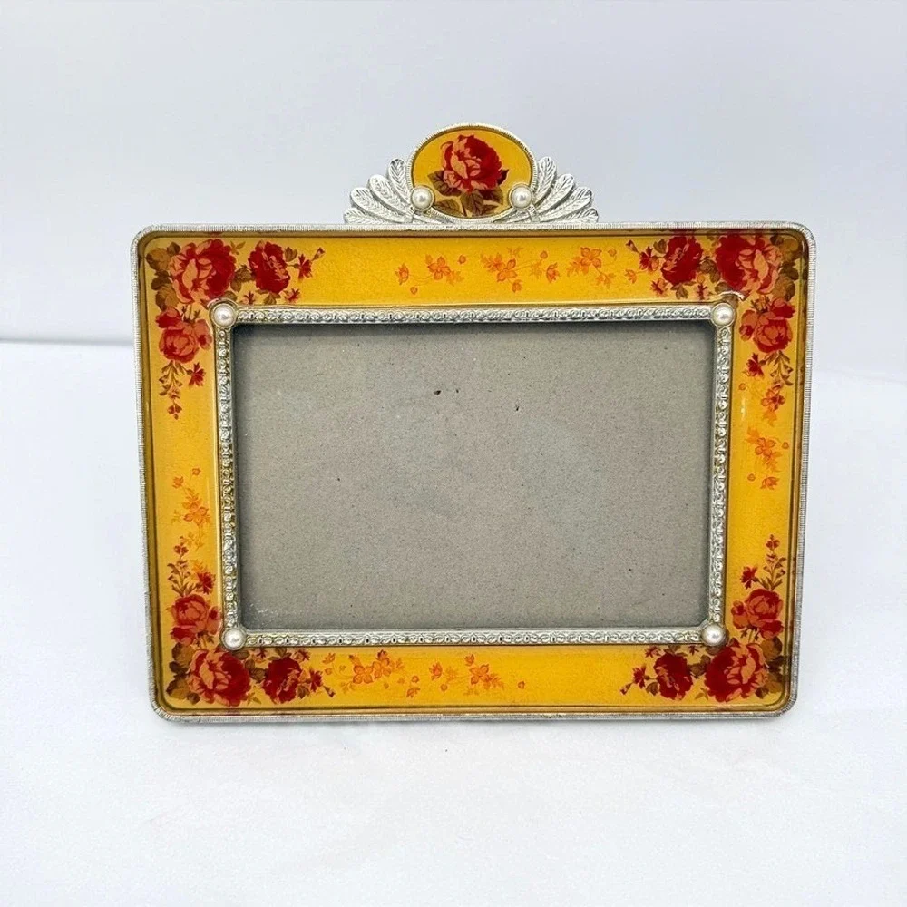 Picture Frame Yellow Floral Enameled Faux Pearl Rhinestone Shabby Chic VTG